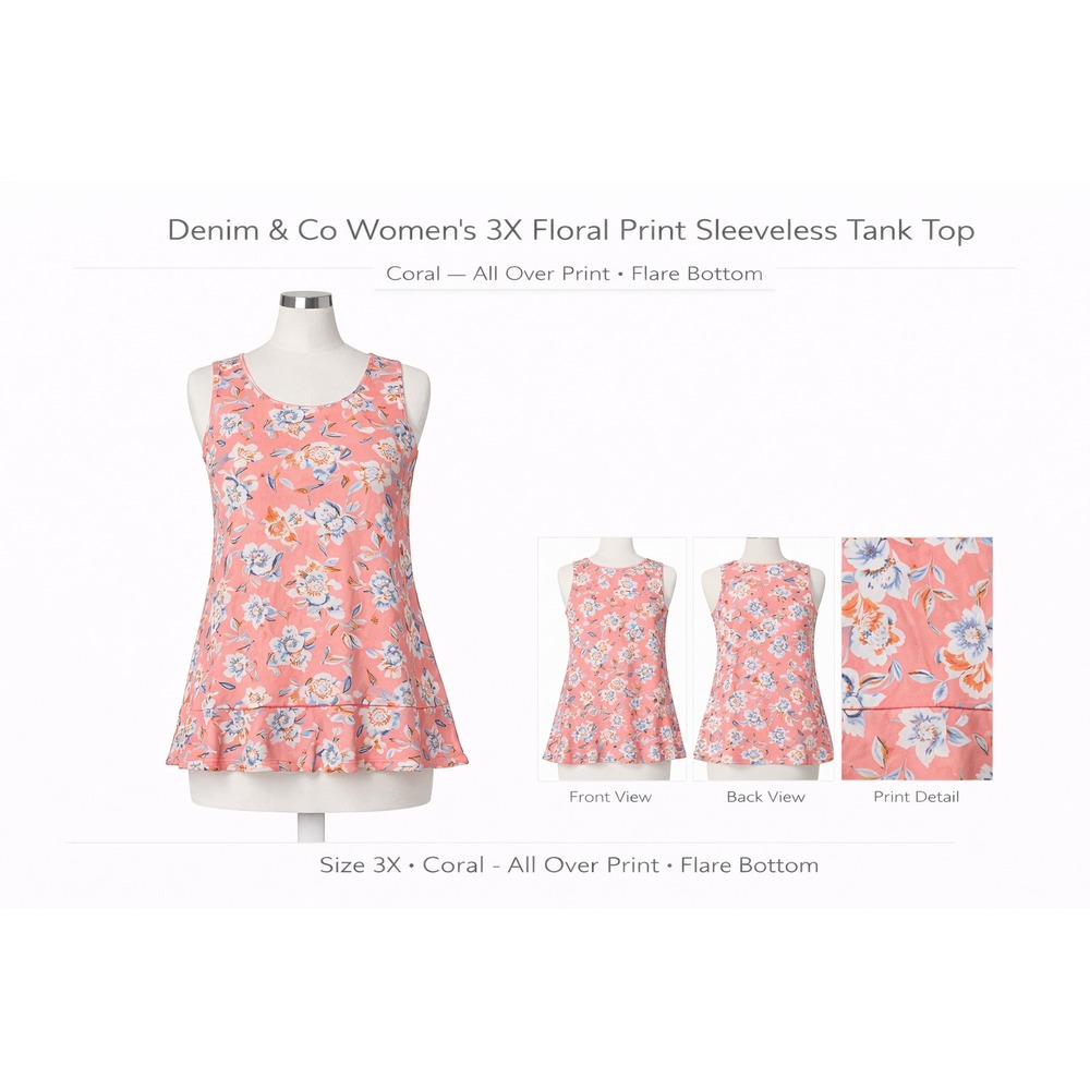 Denim & Co Womens 3X Floral Print Sleeveless Tank Top Coral Flare Bottom A365270